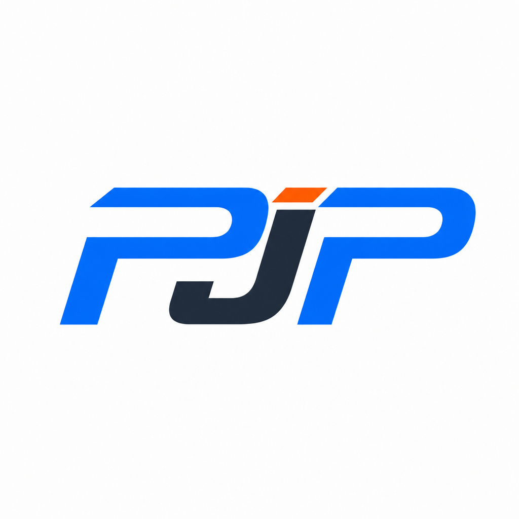 Original PJP monogram in blue and charcoal with a small orange accent